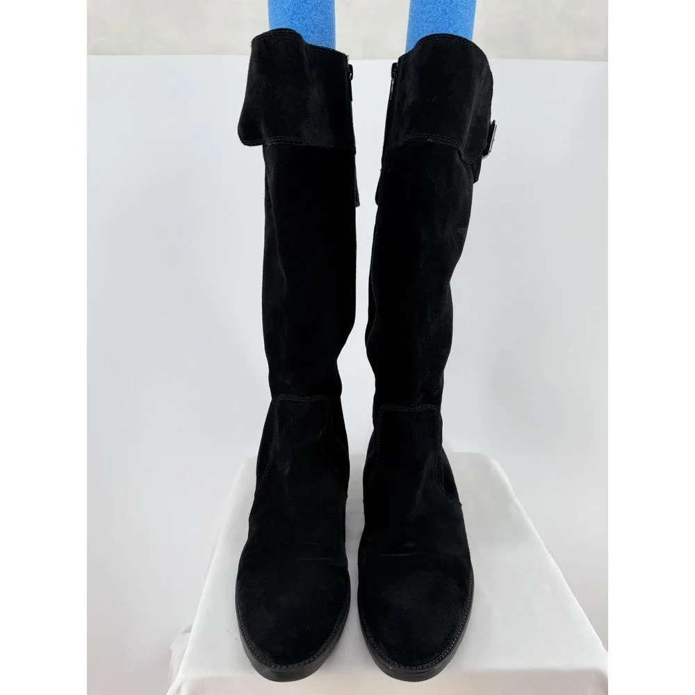 Barneys New York Black Suede Knee High Riding Boots Buckle Cuff EU 40 US 9.5 10